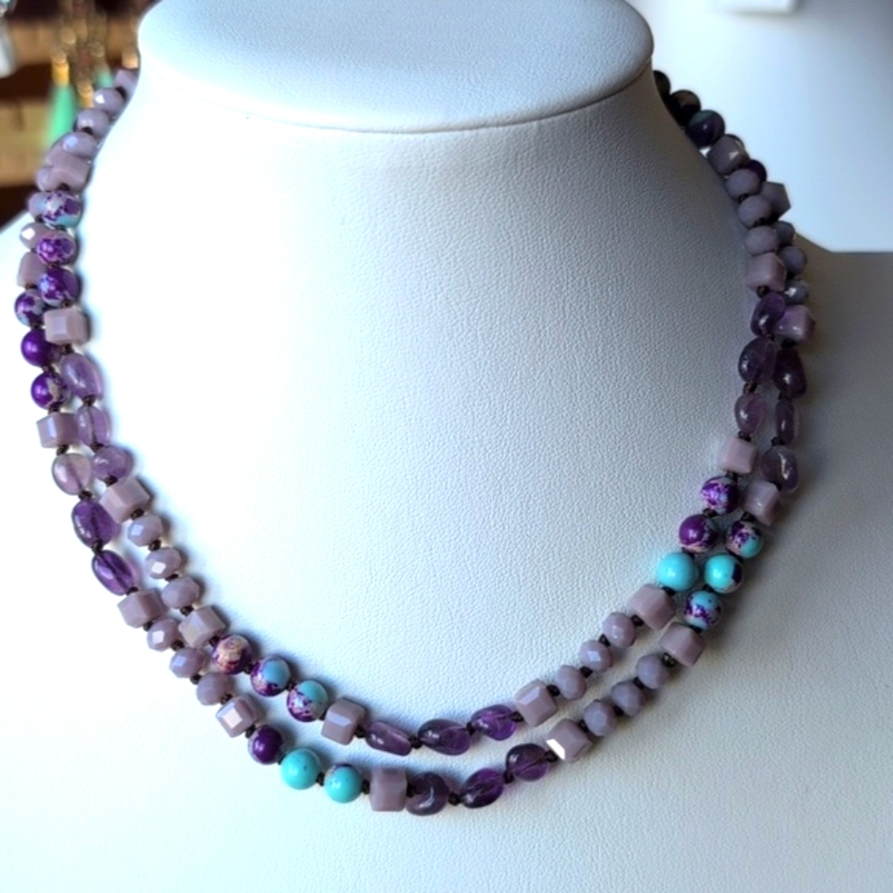 Purple Jade and Purple & Blue Glass Beaded Necklace